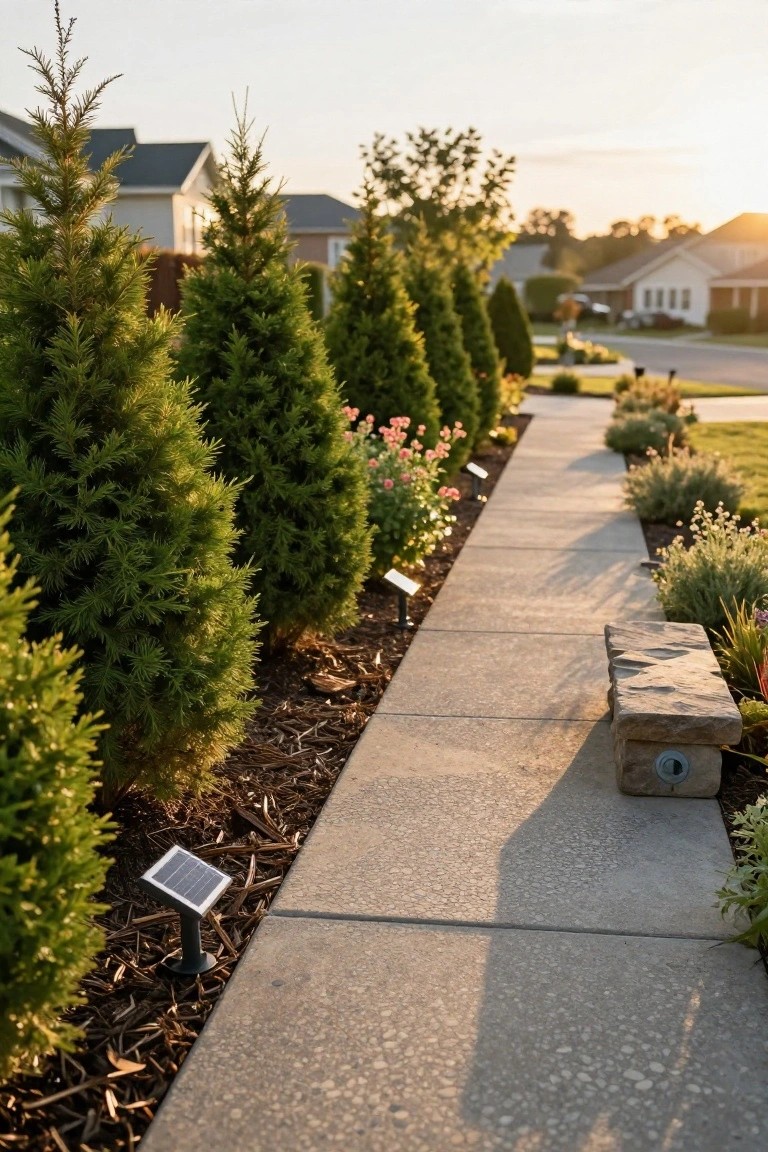 A concrete walkway lined with tall evergreen shrubs, pink flowers, and small solar lights in a residential neighborhood at sunset.