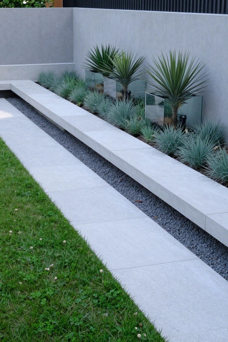 White concrete pathway slabs flanking a central gravel trench, bordered by low blue-green grasses and potted fan palms against a tall concrete wall and adjacent green lawn.