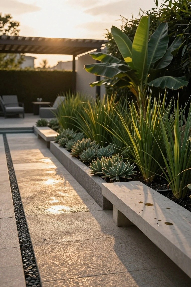 A paved garden walkway runs beside a long concrete planter filled with succulents and tall ornamental grasses.