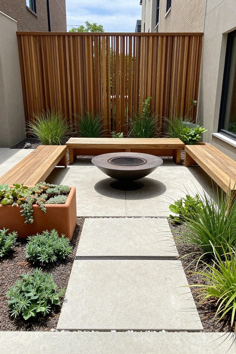 Small paved courtyard with central round black metal fire pit surrounded by three wooden benches, low-maintenance grasses and succulents in planters, wooden slat fence enclosure, and adjacent brick and stucco buildings under partly cloudy sky.