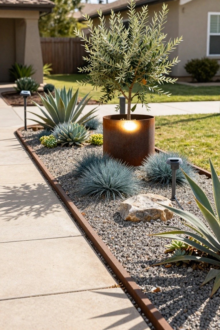 Walkway bordered by a gravel-mulched bed with succulents, agaves, and a potted olive tree in a rusted metal container, edged in corten steel, with solar lights and a house and lawn in the background.