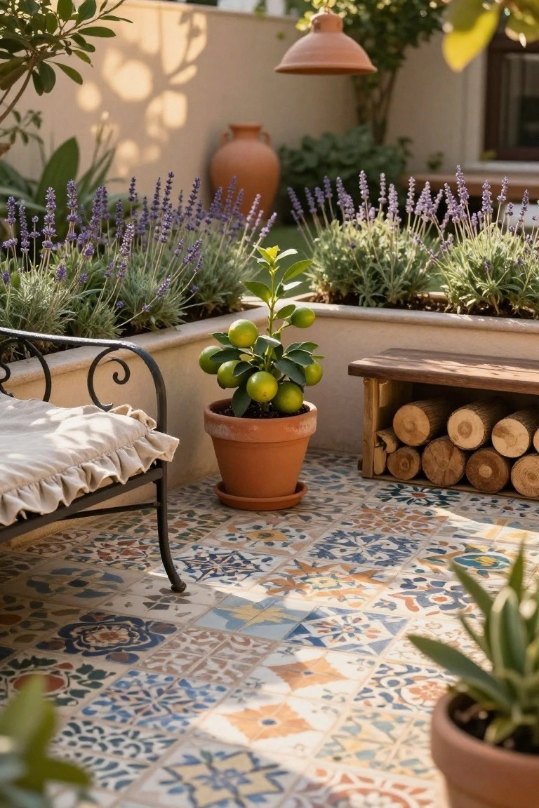 A small citrus tree with green lemons growing in a terracotta pot on a colorful tiled patio, next to lavender beds and a wooden bench.