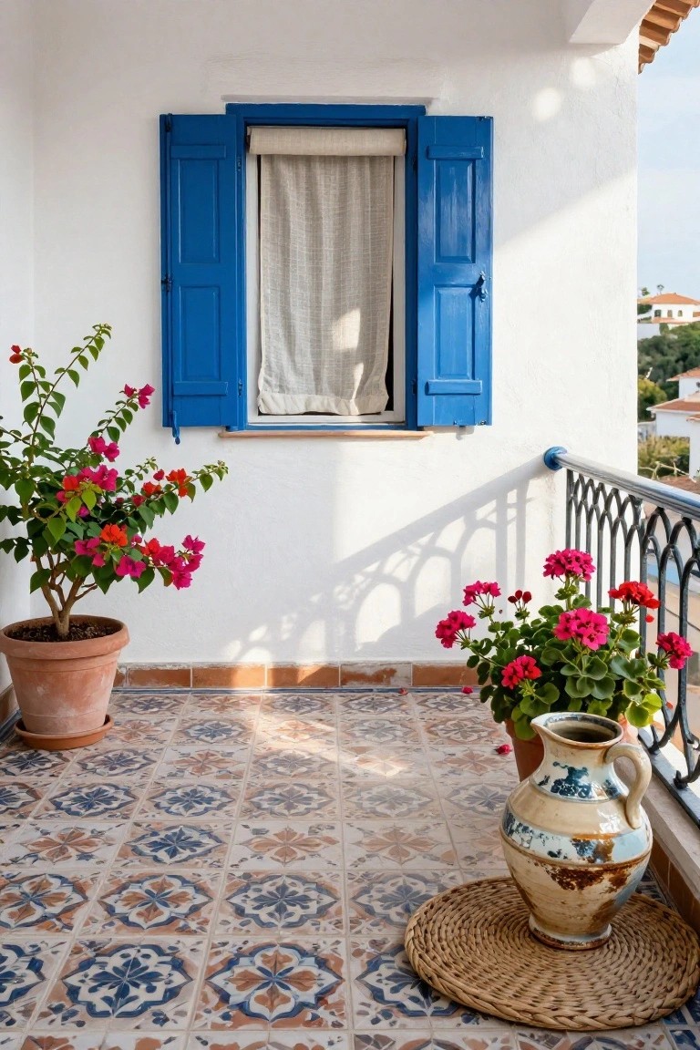 White stucco balcony with open blue shutters on a window, large terracotta pot of pink bougainvillea, smaller pot of red geraniums, ceramic jug on woven mat, colorful tiled floor, and black metal railing overlooking distant hills.