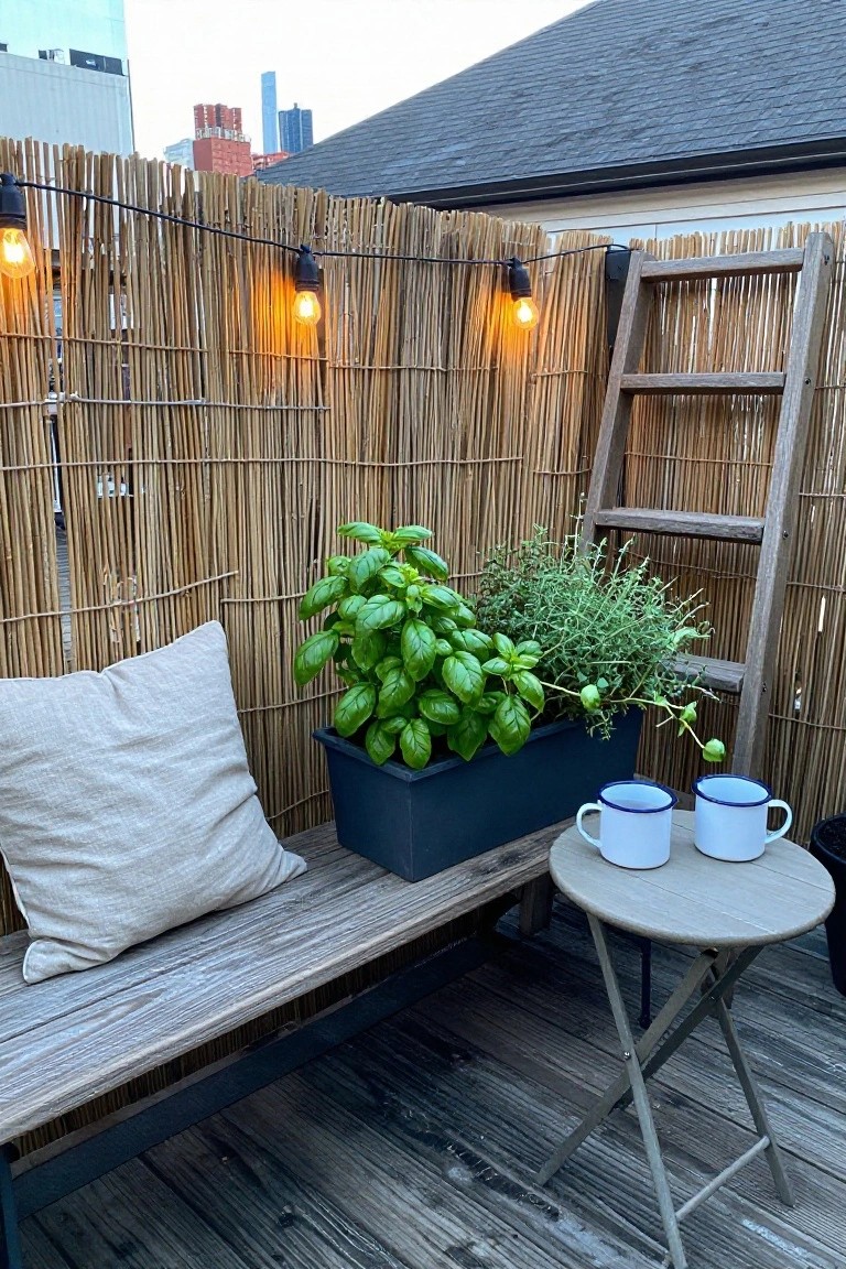 Rooftop deck corner enclosed by bamboo privacy screens, with potted basil and herbs, wooden bench with beige pillow, small round table holding two white enamel mugs, string lights overhead, wooden ladder leaning nearby, and city buildings in background.
