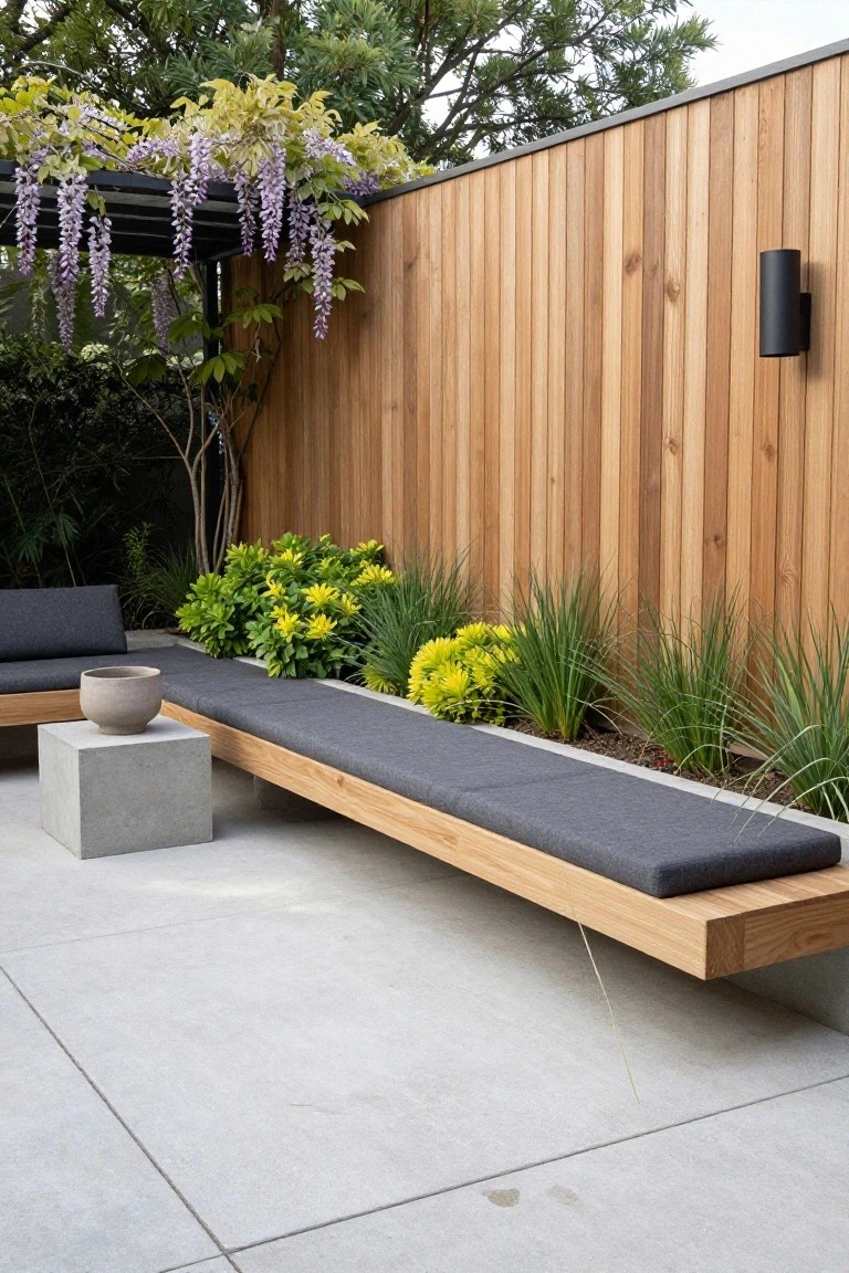 Long wooden bench with gray cushions against a cedar wood fence on a concrete patio, with yellow flowers, green plants, and grasses planted along the base.