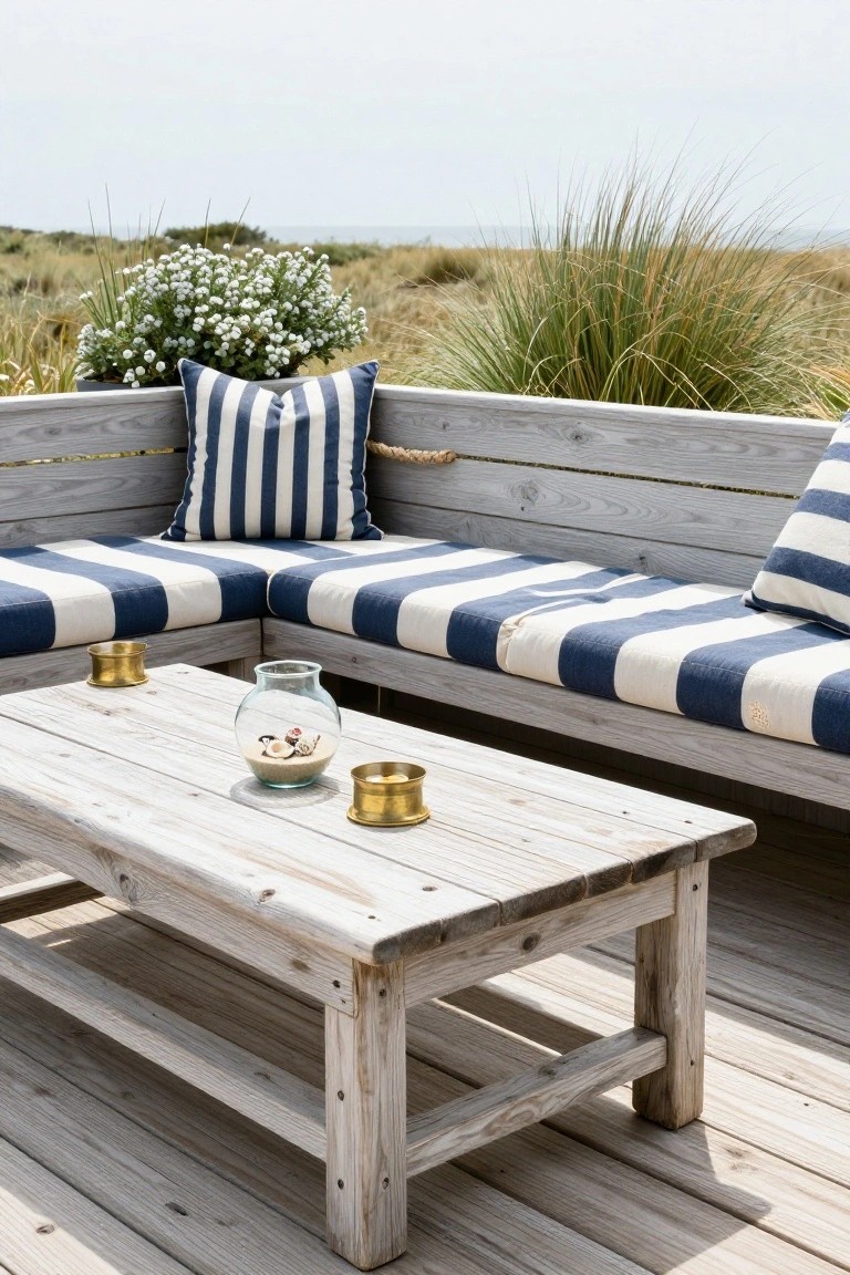 L-shaped wooden bench seating on a weathered deck with blue and white striped cushions, low wooden coffee table holding a jar of seashells and brass candle holders, potted white flowers, surrounded by dune grasses and ocean view.