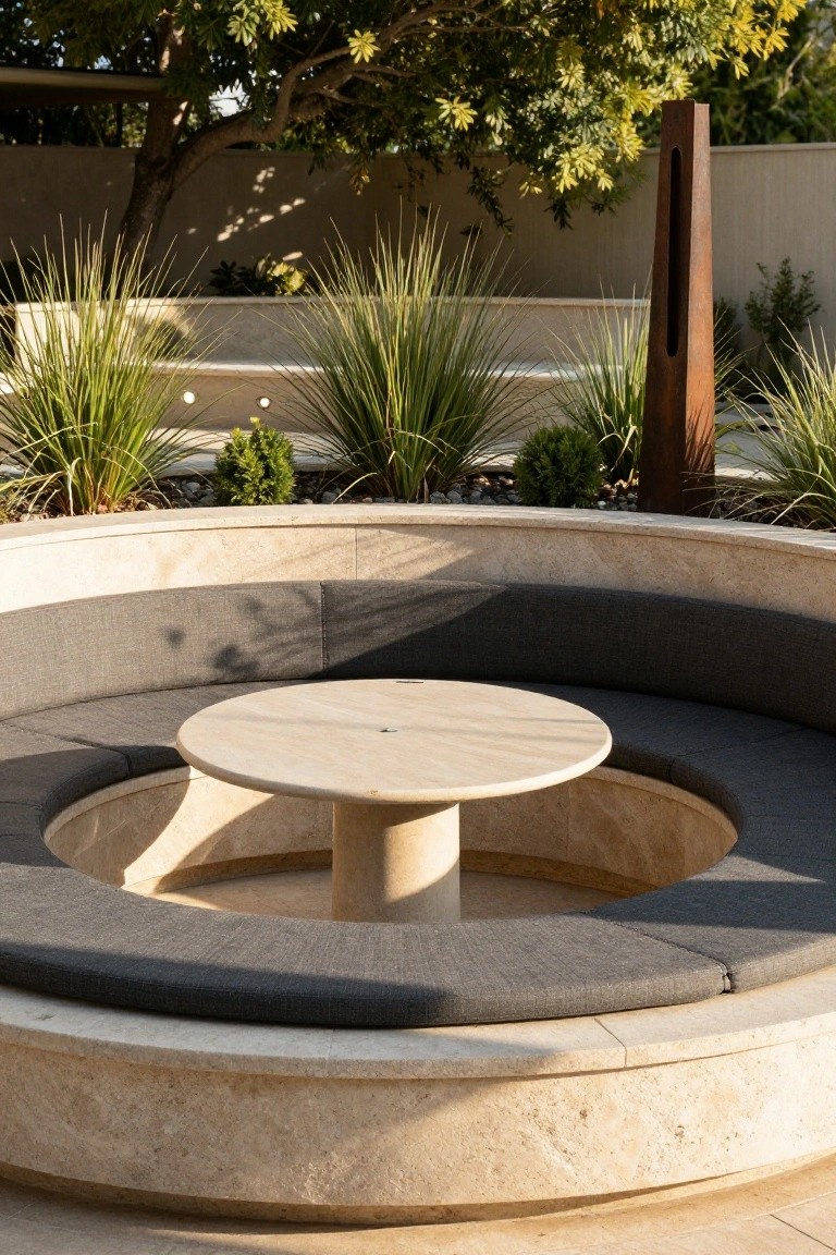 Circular travertine bench with dark gray cushions surrounding a round travertine pedestal table in a landscaped outdoor patio with ornamental grasses, a corten steel sculpture, and trees in the background.