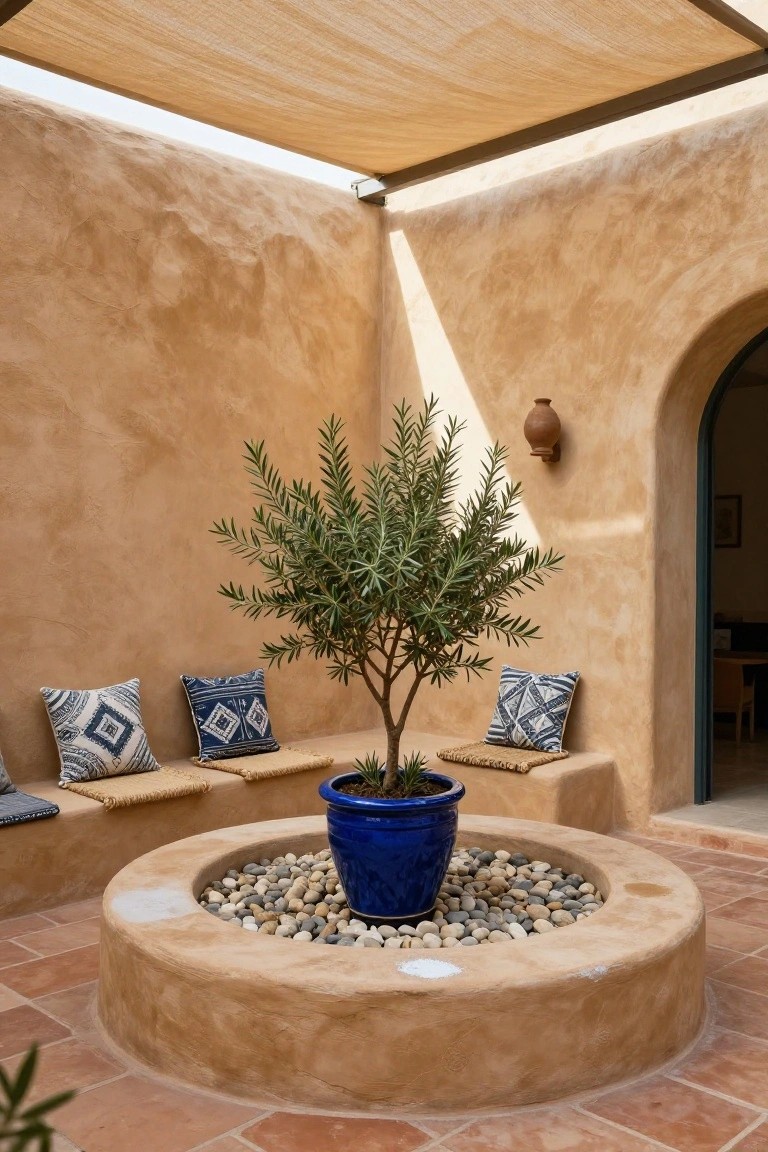 Beige stucco courtyard patio with central circular built-in planter containing blue potted olive tree and pebbles, curved benches with blue cushions, terracotta tile floor, shade sail overhead, and arched doorway.