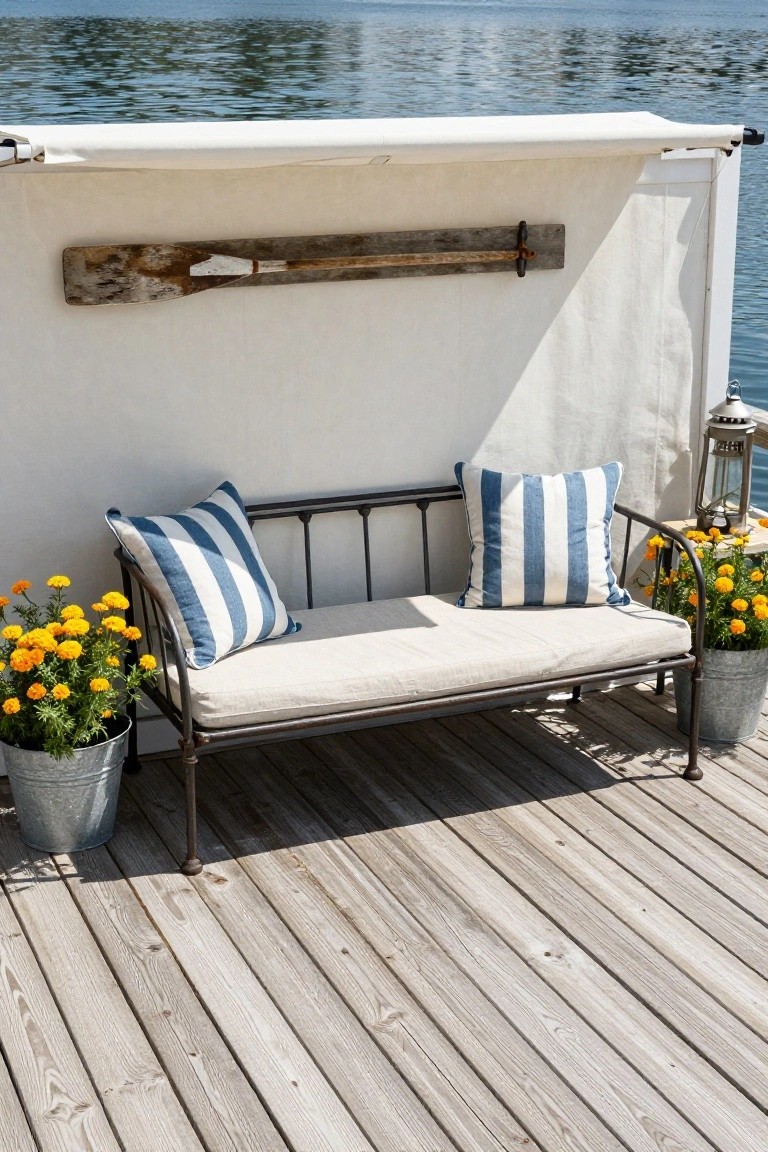 Metal bench with beige seat cushion and blue striped pillows on a wooden dock under a white awning, flanked by two galvanized buckets of yellow marigold plants, with a weathered oar mounted on the white wall and a lake beyond.