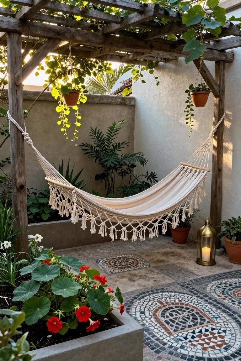 White macrame hammock hanging from a wooden pergola in a small plant-filled courtyard with tiled mosaic floor, potted greenery, and a brass lantern.