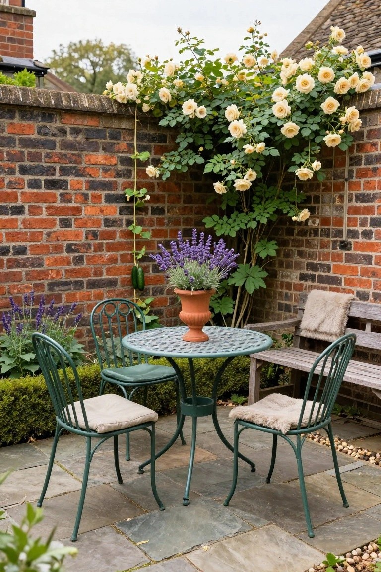Small green metal bistro table and four chairs with beige cushions on a stone patio in a brick-walled garden, with potted lavender on the table, climbing white roses on the wall, and a wooden bench nearby.