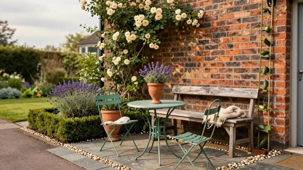 Small green metal bistro table and four chairs with beige cushions on a stone patio in a brick-walled garden, with potted lavender on the table, climbing white roses on the wall, and a wooden bench nearby.