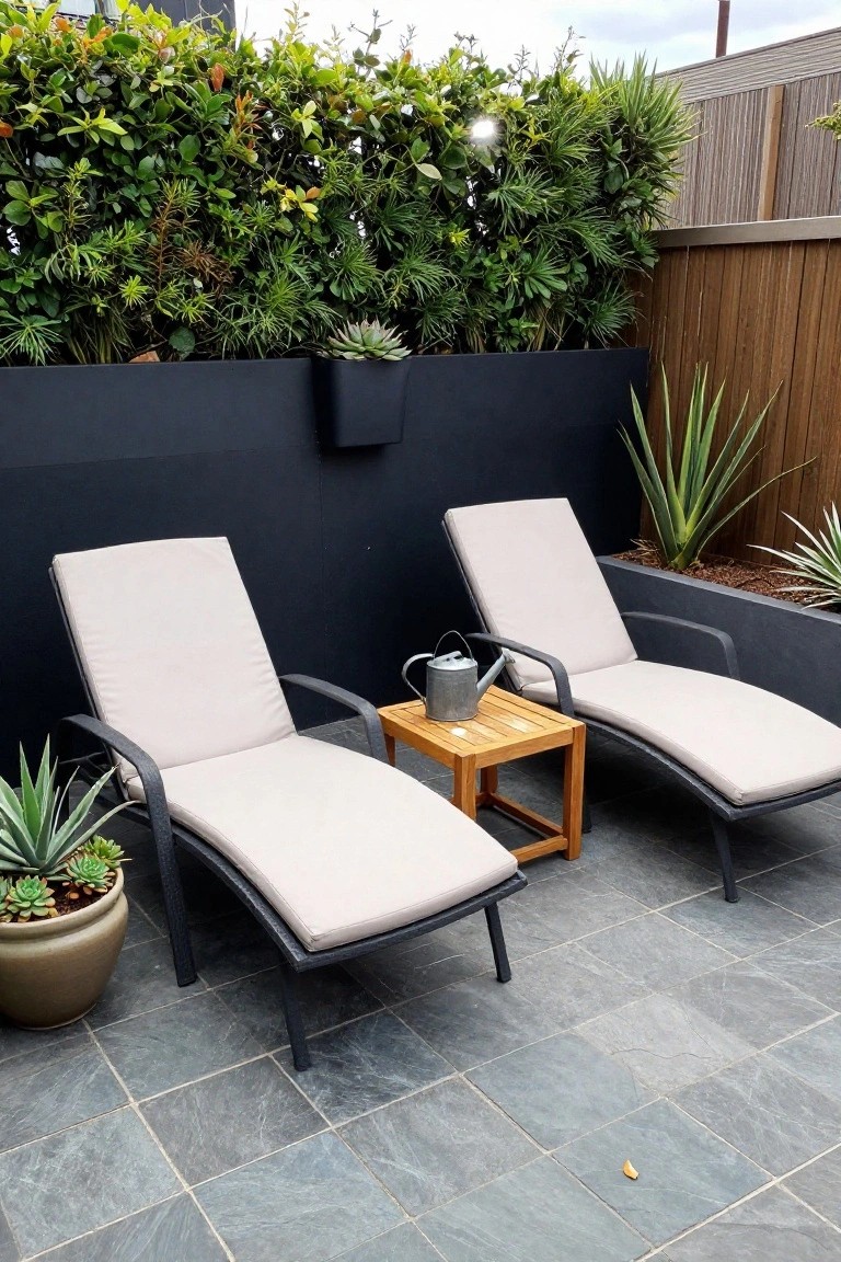 Two beige lounge chairs with a wooden table on a tiled patio.