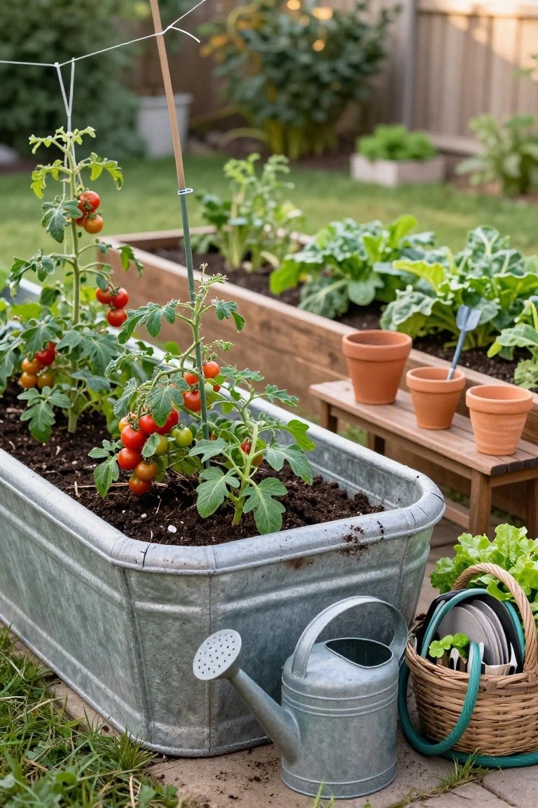 Galvanized metal trough used as a raised planter filled with tomato plants supported by stakes, next to wooden raised garden beds with greens, terracotta pots, a watering can, tool basket, and wooden bench in a backyard patio area.