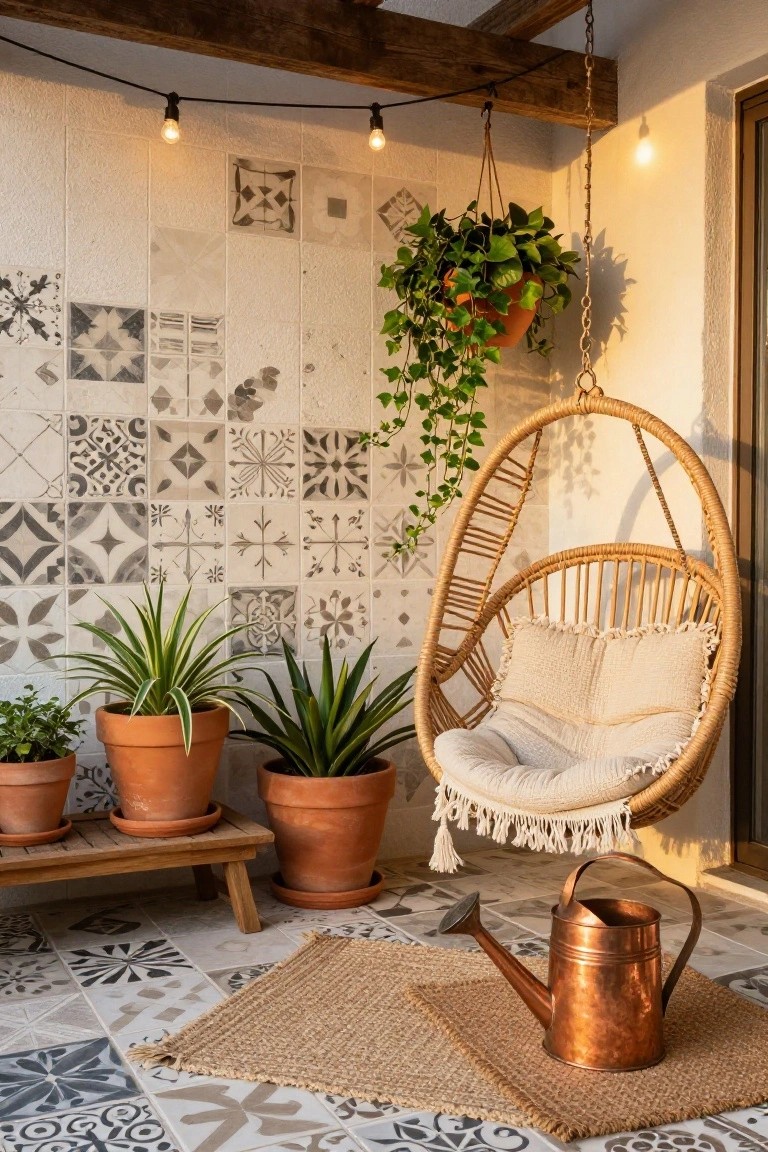 Beige rattan hanging egg chair with white cushions and fringe details suspended from wooden beams in an outdoor patio corner, surrounded by potted plants, ivy hanger, wooden bench, copper watering can, string lights, and patterned tile floor.