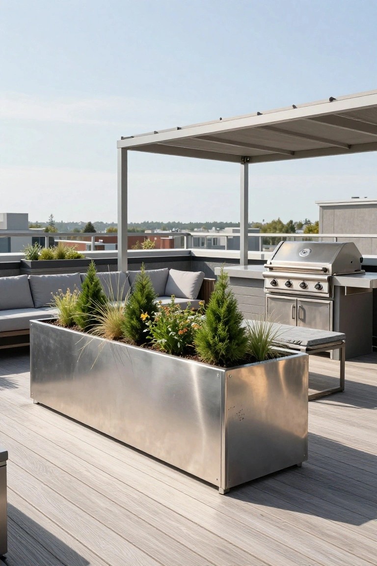 Rooftop terrace with large rectangular stainless steel planter box containing grasses, conifers, and flowers next to L-shaped gray sofa, stainless steel BBQ grill on counter, wooden deck, and metal pergola shade structure.