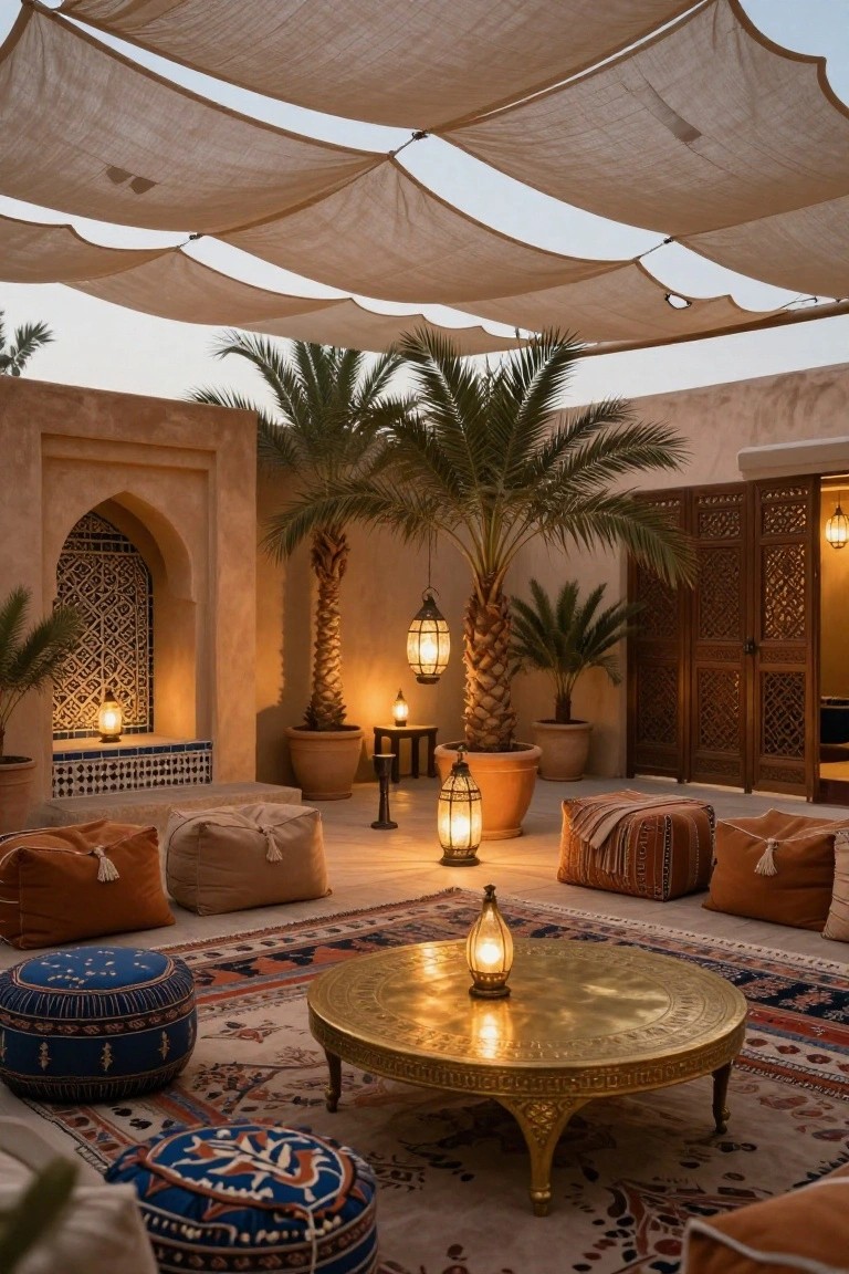 Outdoor patio under beige fabric canopy with potted palm trees, arched beige walls, low blue and orange poufs and cushions around a brass table on a patterned rug, and multiple lanterns providing warm light.