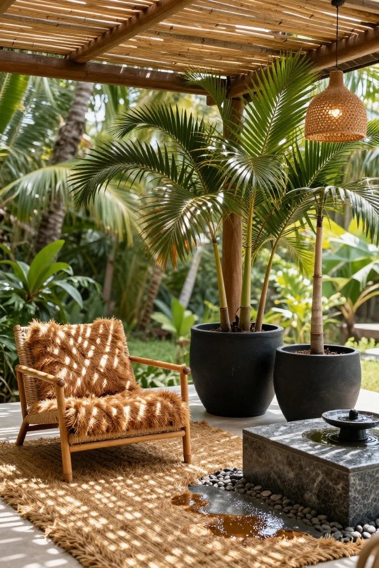Outdoor patio under bamboo pergola with shaggy rattan lounge chair on seagrass rug, flanked by large black pots containing tall palm and bamboo plants, stone fountain with water and pebbles, and surrounding tropical foliage.