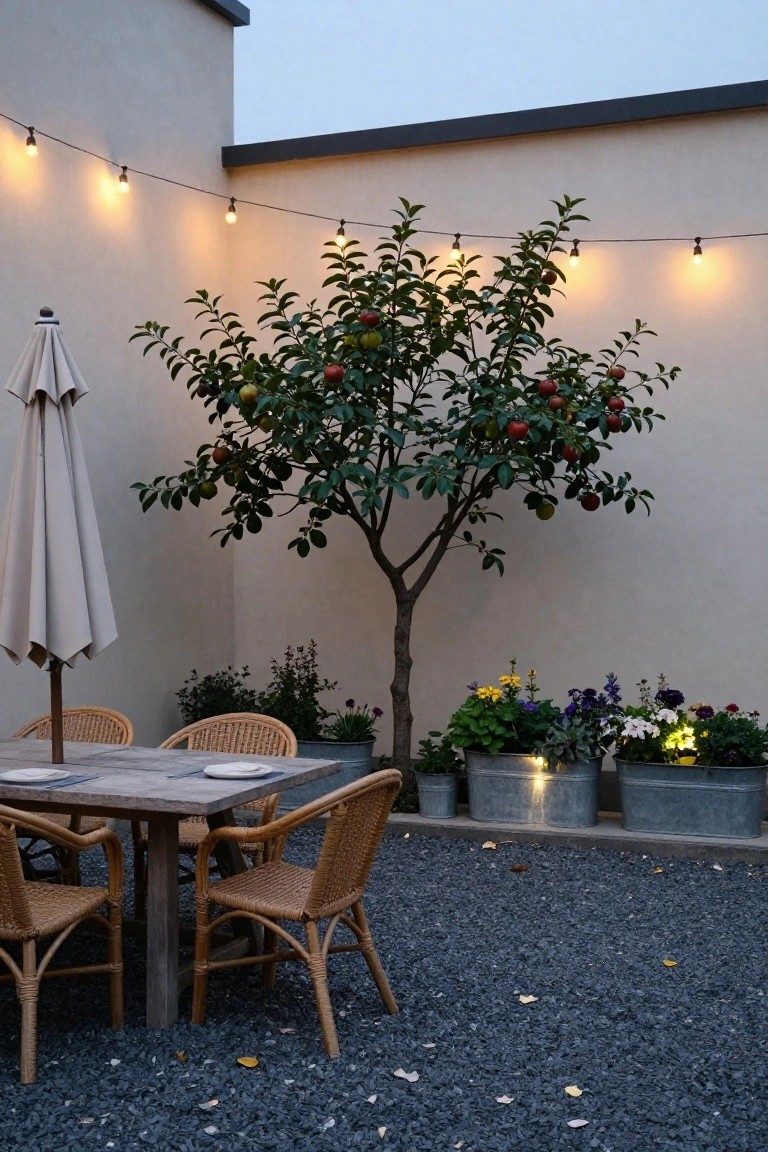 Outdoor patio with fruit tree, string lights, wooden table, and woven chairs.