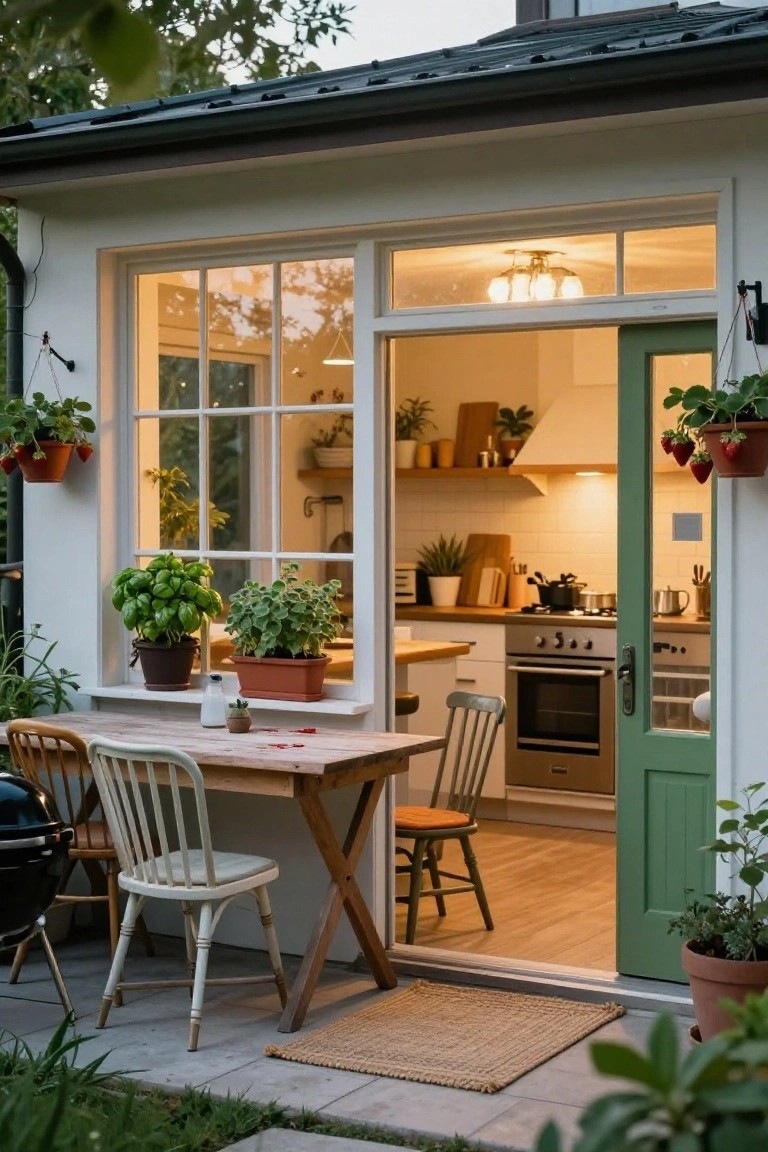 A wooden patio table with mismatched chairs sits outside an open kitchen doorway, with several potted herbs placed on the table and windowsill.