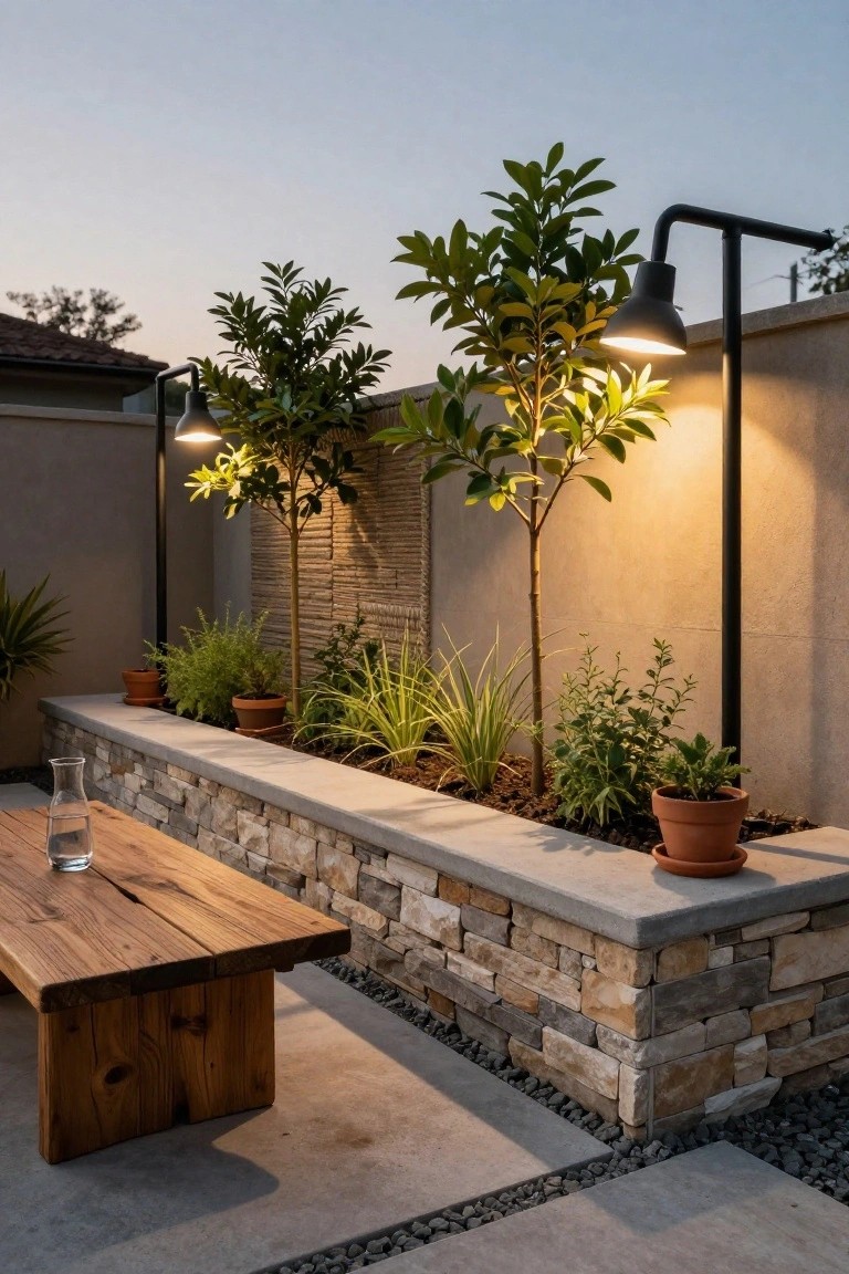 Patio corner with rustic wooden table beside raised stone planter bed containing grasses, herbs in terracotta pots, young trees lit by black gooseneck pole lamps against a stucco wall and bamboo screen, gravel and concrete paving on ground.