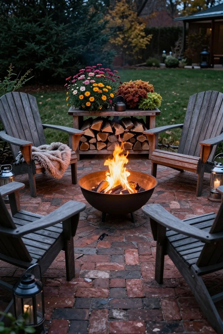 Patio with four gray Adirondack chairs arranged around a large black metal fire pit containing burning logs, a wooden bench holding firewood stacks and potted fall flowers next to it, lanterns on the ground, and autumn garden in the background.