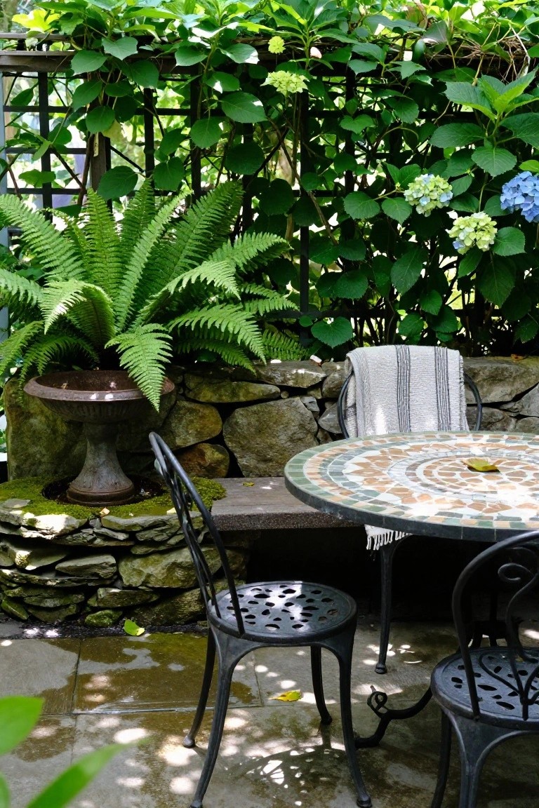 Round mosaic-topped table with three black metal chairs on a wet stone patio, large fern in bronze urn, stone wall backdrop, hydrangeas and vines in background, gray striped blanket draped on one chair.