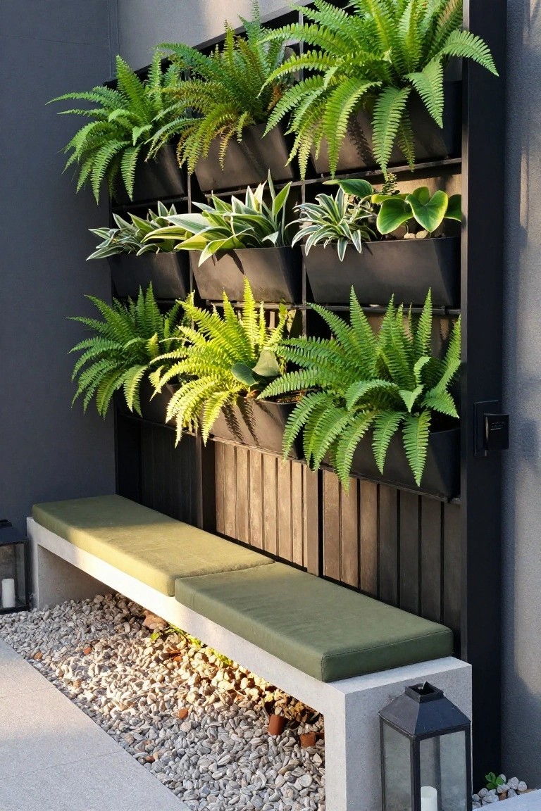 Black vertical wall planters filled with ferns and other green plants next to a concrete bench with green cushions on a pebbled patio surface, flanked by lanterns.