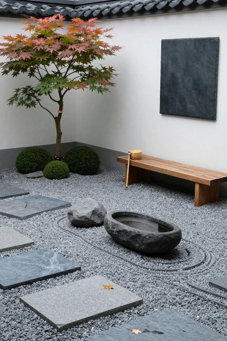 A Zen-style courtyard garden with raked gray gravel, a central black stone basin, large gray boulders, a small Japanese maple tree with red-orange leaves, green boxwood shrubs, irregular stepping stones, a wooden bench with wooden dipper and bowl, and a dark square panel on white walls under a gray tiled roof.