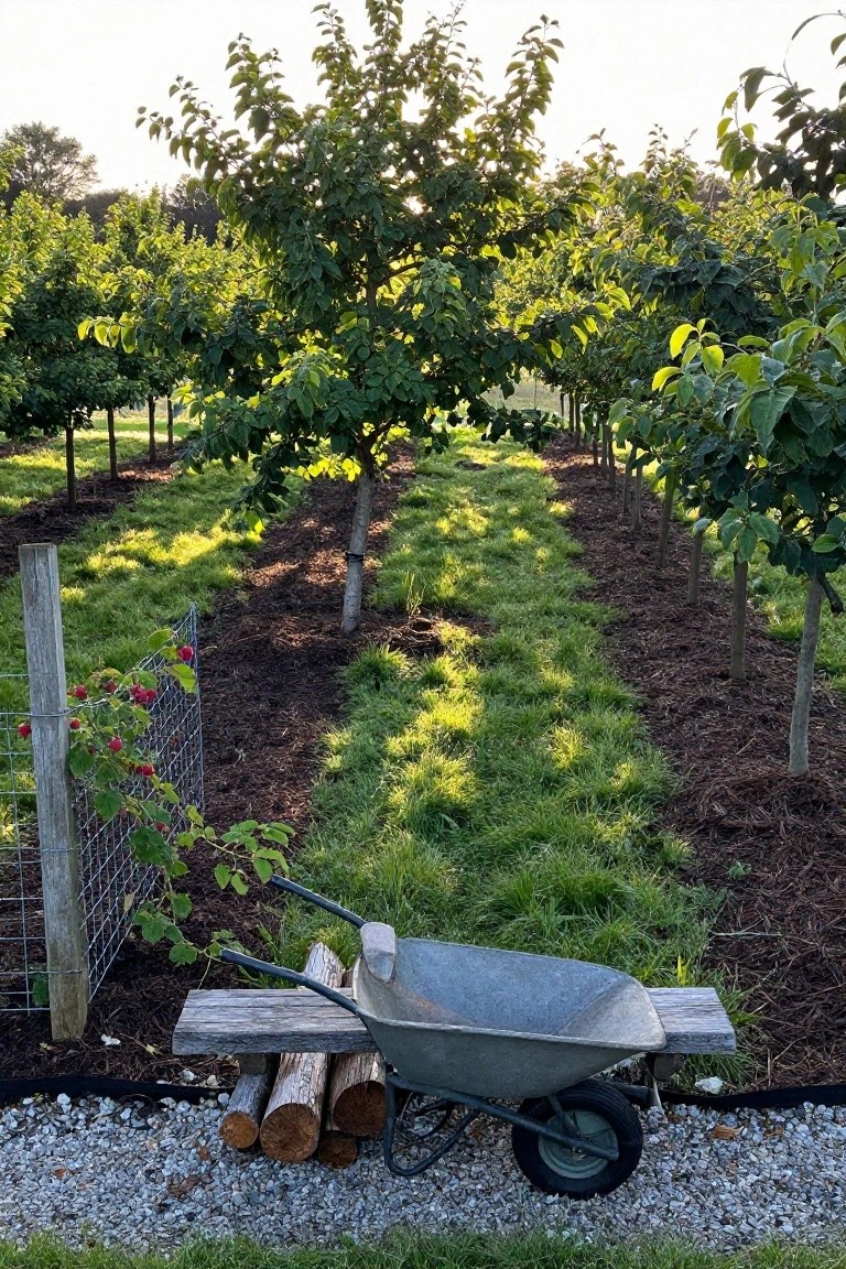 Rows of young fruit trees with mulched bases and grass paths between them in a garden, next to a wire fence with red raspberries and a wheelbarrow holding firewood on a wooden platform.
