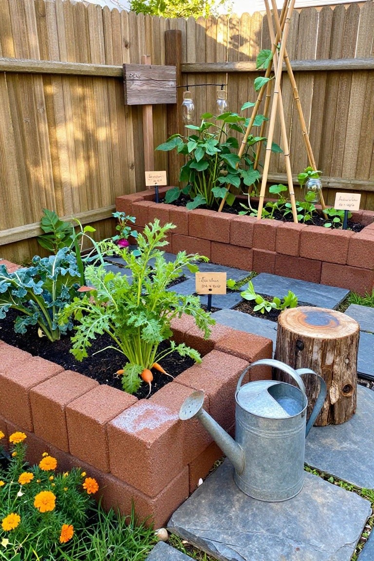 Backyard vegetable garden featuring two rectangular raised beds constructed from red cinder blocks planted with kale, carrots, beets, and beans on bamboo trellises, adjacent to a wooden fence, stone pavers, a tree stump stool, metal watering can, and marigolds.