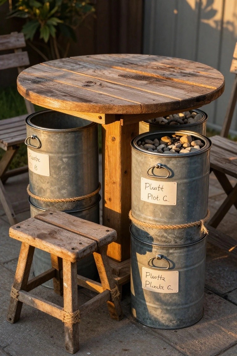 Rustic round wooden table with supports holding galvanized metal buckets labeled as plant plots and filled with pebbles, plus a small wooden stool, set on a concrete patio outdoors.