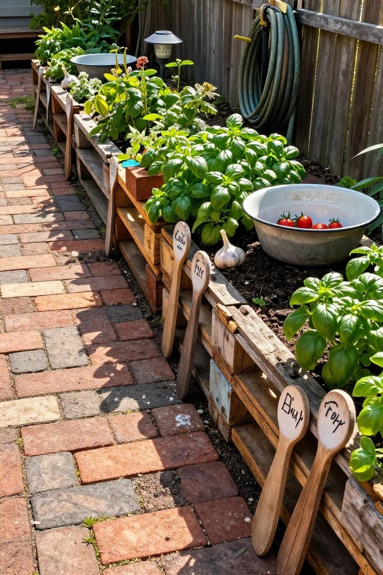 Wooden pallet raised beds along a brick pathway in a backyard garden, growing basil, garlic, and other herbs with wooden spoon plant markers and a metal bowl of tomatoes nearby.