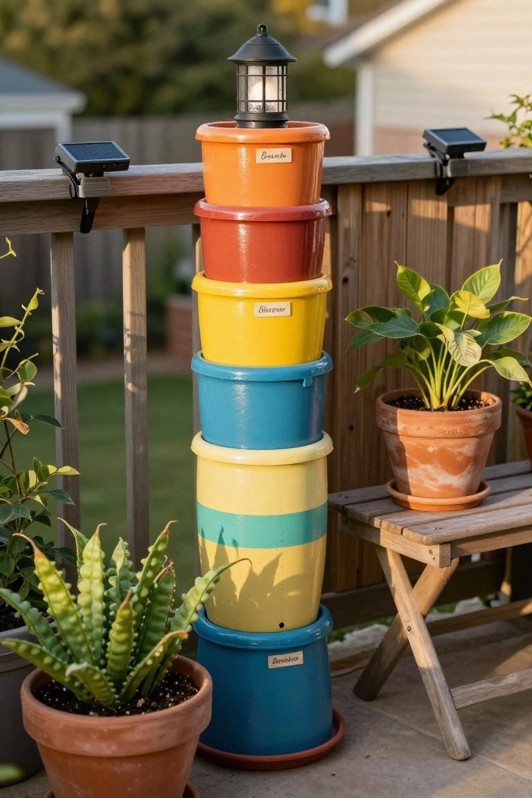 Tall stack of colorful plastic buckets used as planters on a wooden deck near railing, topped with black lantern light, with potted plants and wooden bench nearby.