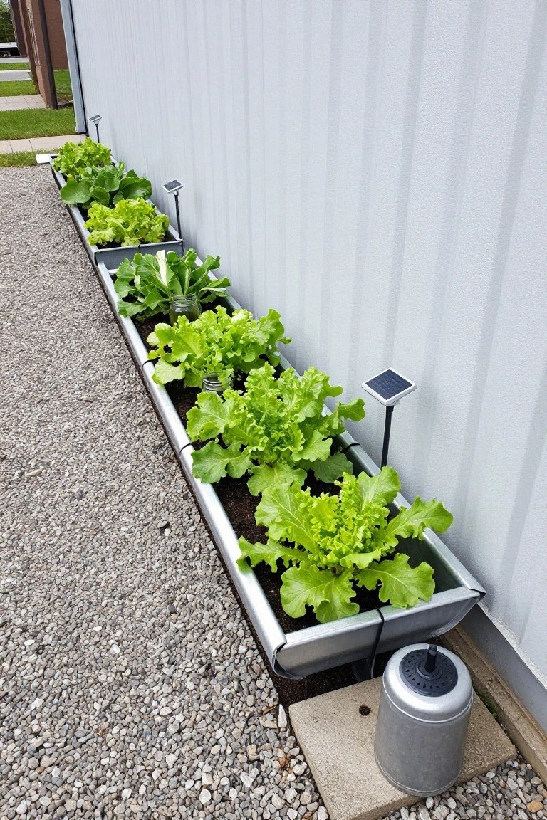 Long horizontal metal trough planters filled with green lettuce and leafy greens lined up along a white corrugated metal wall on a gravel path, with solar panel lights staked nearby and a gray cylindrical tank at the end.