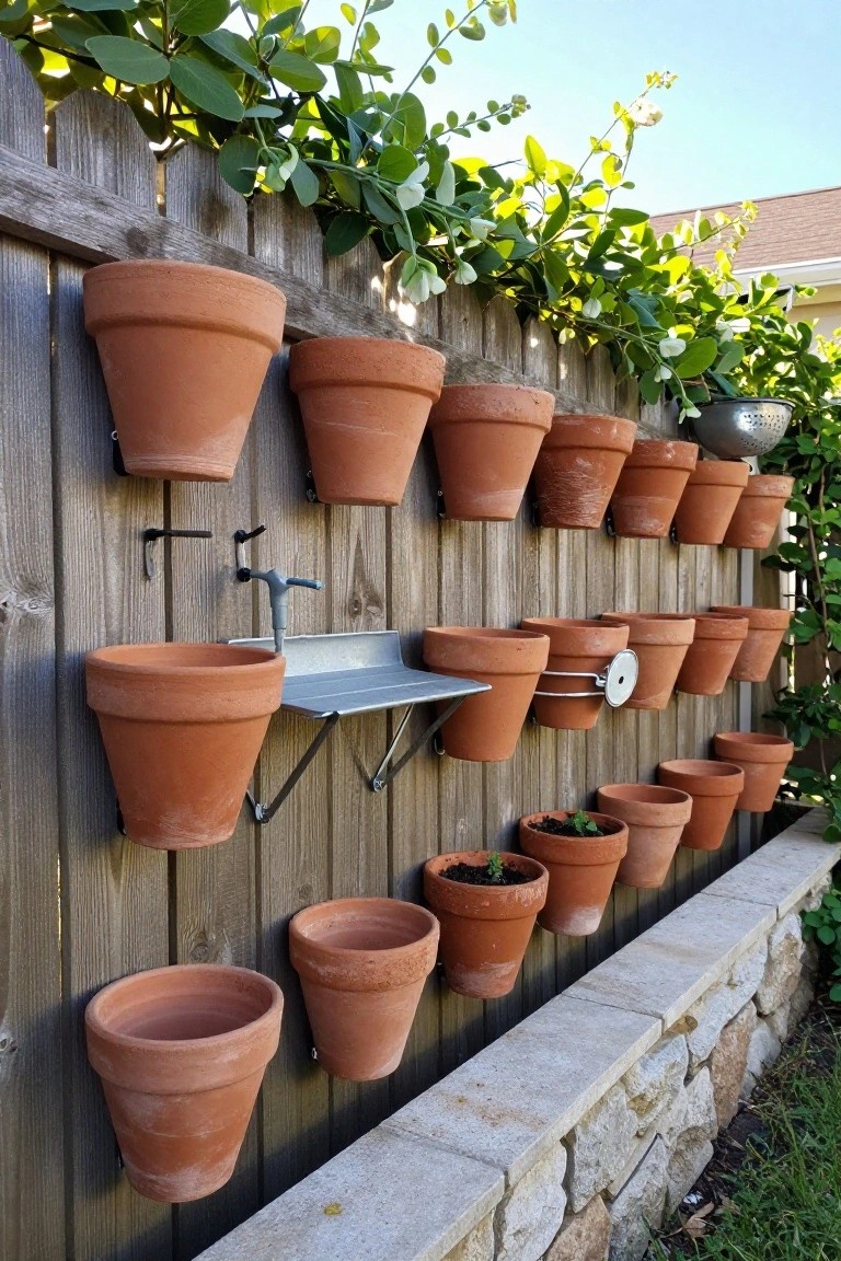 Wooden fence with multiple terracotta pots mounted at various heights using metal brackets, some pots containing small plants, climbing green vines overhead, a metal watering tray with faucet attached, and stone edging at the base.