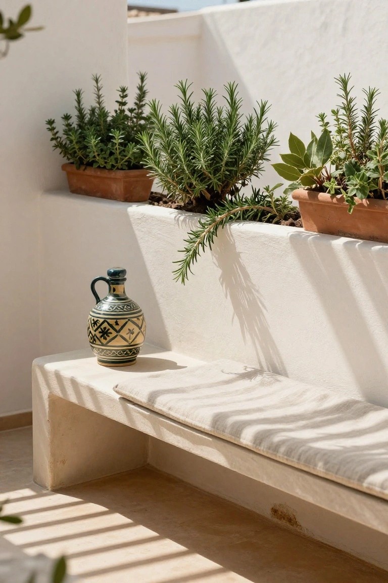 White stucco balcony ledge holding terracotta pots of rosemary and other herbs, with a low stone bench below having a beige cushion and a green-glazed patterned vase on it, in dappled sunlight.