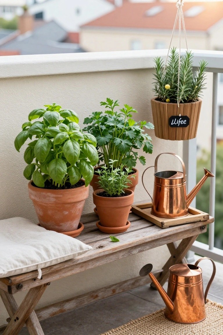Balcony with wooden X-frame bench holding terracotta pots of basil and parsley, adjacent pots of thyme and rosemary, copper watering cans on a wooden tray and floor, hanging wooden planter labeled with rosemary, and city buildings in background.