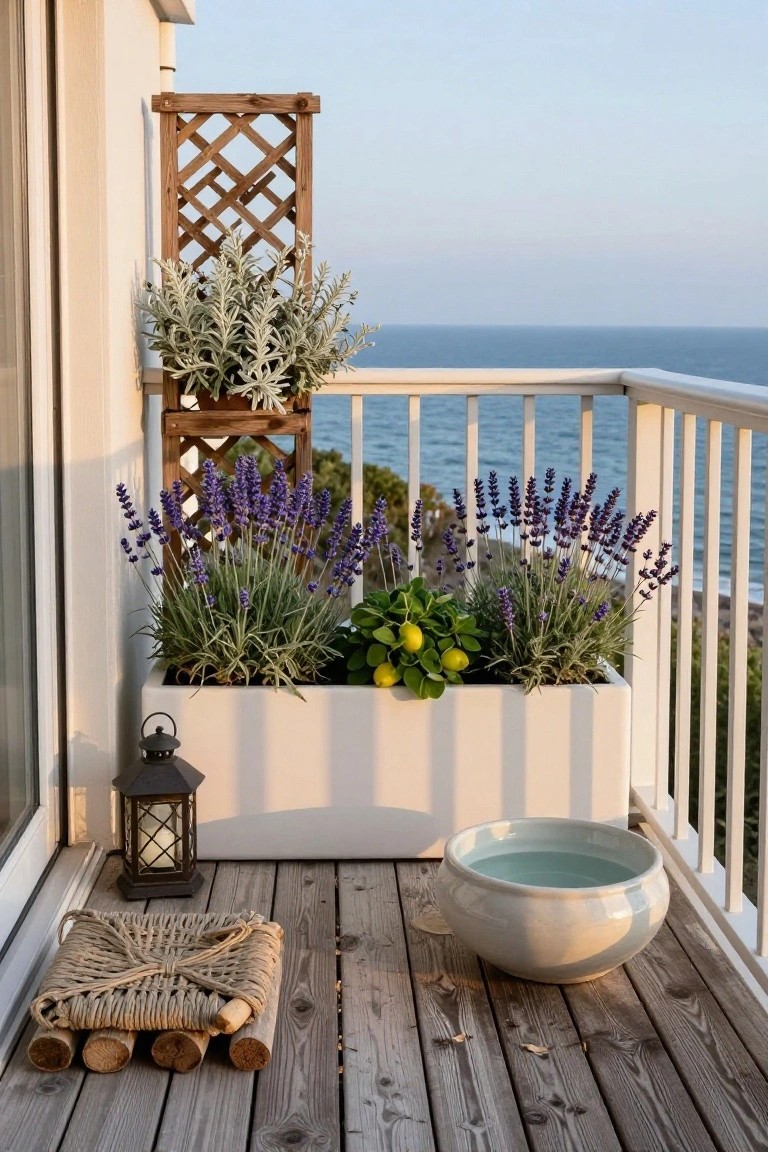 Balcony deck with ocean view featuring a white rectangular planter box along the railing containing lavender plants, silver foliage, and a lemon plant, plus a wooden trellis, lantern, woven mat, and white bowl with water.