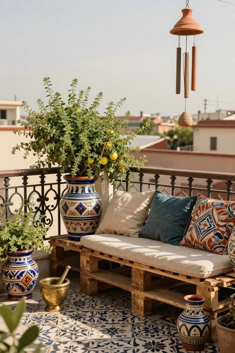 Balcony featuring a cushioned pallet bench, large blue and white ceramic pots with lemon trees and green herbs, smaller potted plants, a brass mortar and pestle, terracotta tiles, and a hanging clay wind chime with city view beyond railing.