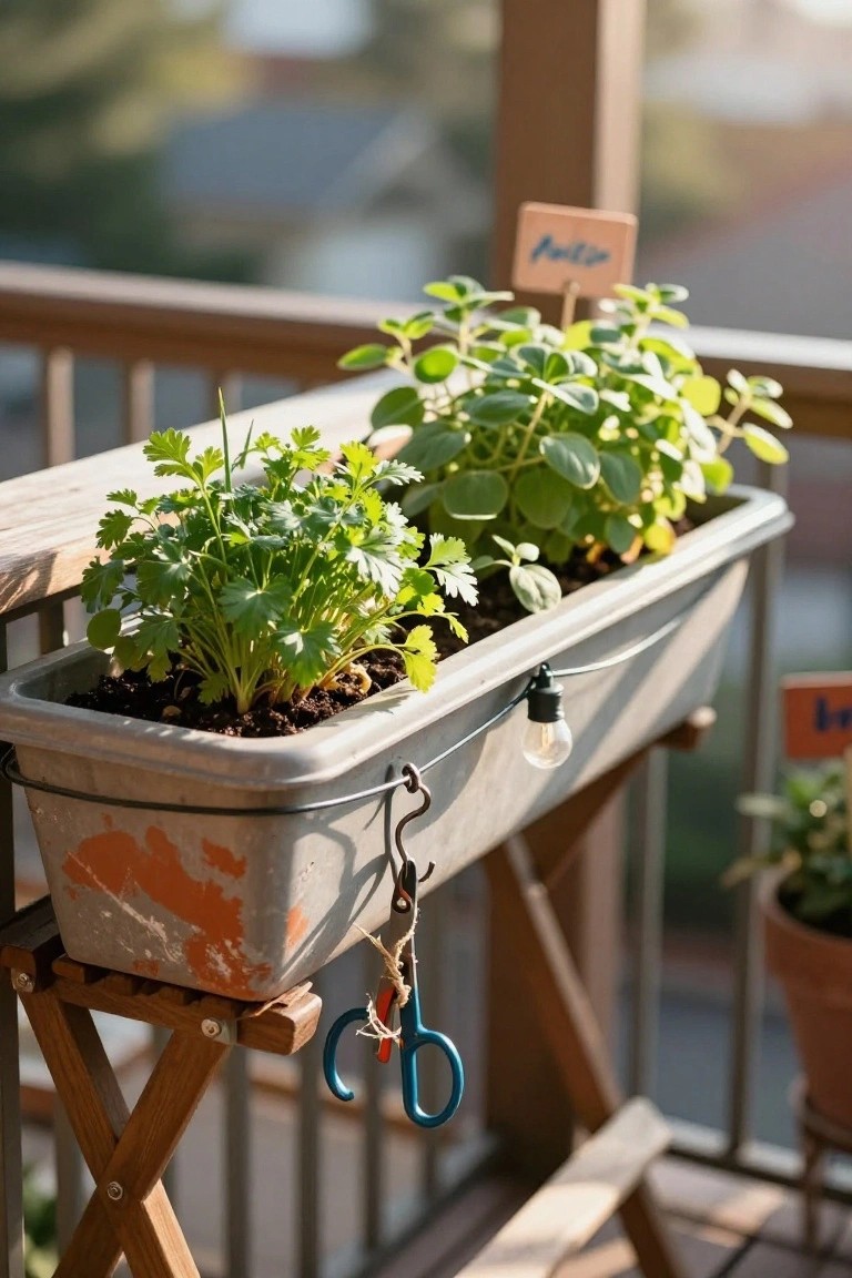 Wooden X-frame stand on a balcony holding a gray planter with cilantro and soil, next to a mint plant in another pot with label, string lights overhead, and blue-handled shears hanging from the stand.