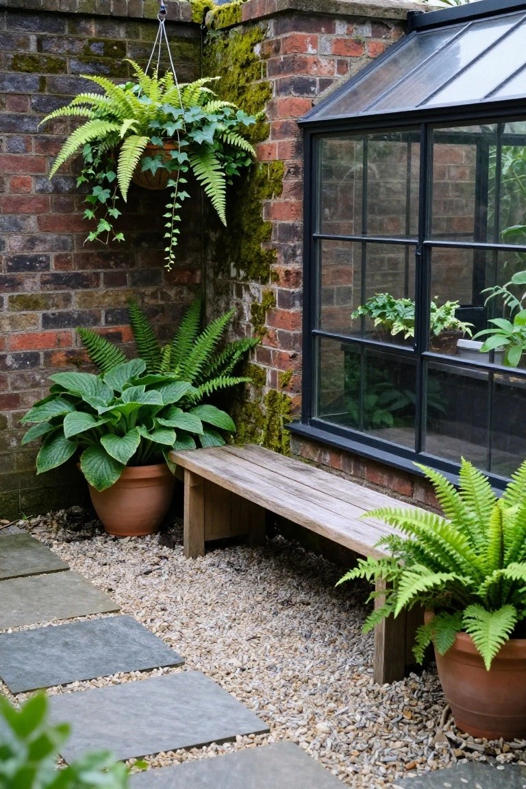 Wooden bench in gravel outdoor corner next to brick wall and glass greenhouse, surrounded by large terracotta pots of ferns and hostas, with hanging ivy and stone path.