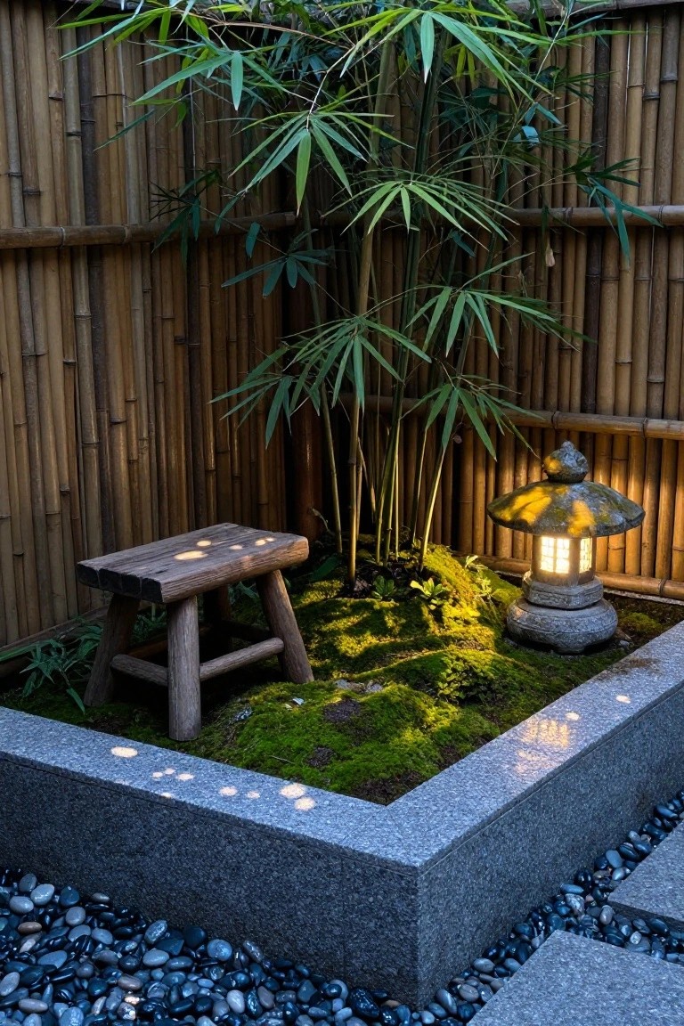A small moss garden with gray stone edging, a wooden stool, and a lit stone lantern set against a bamboo fence and surrounded by pebbles.