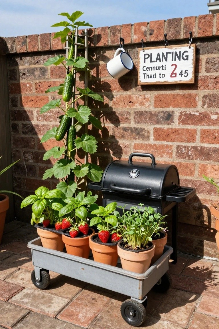 Gray metal garden trolley on wheels holding terracotta pots of strawberry, basil, and other plants next to a black barbecue grill on a brick patio, with cucumber vines on a trellis against a brick wall and a sign reading 