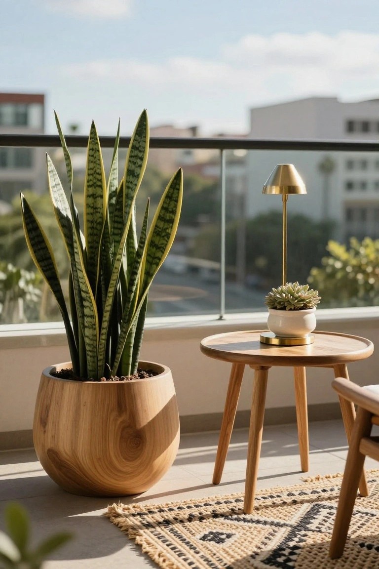 A tall snake plant grows in a large round wooden planter on a balcony beside a small wooden side table holding a brass lamp and a small succulent.