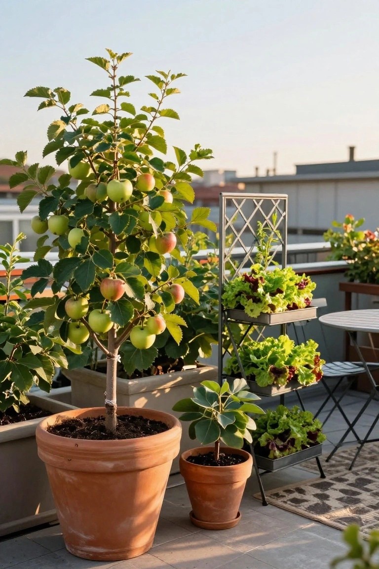 Balcony terrace with a potted dwarf apple tree bearing green and red apples, tiered metal planters holding red and green lettuce and other greens, additional potted plants including a ficus, small bistro table and chairs, and urban buildings in the background at sunset.