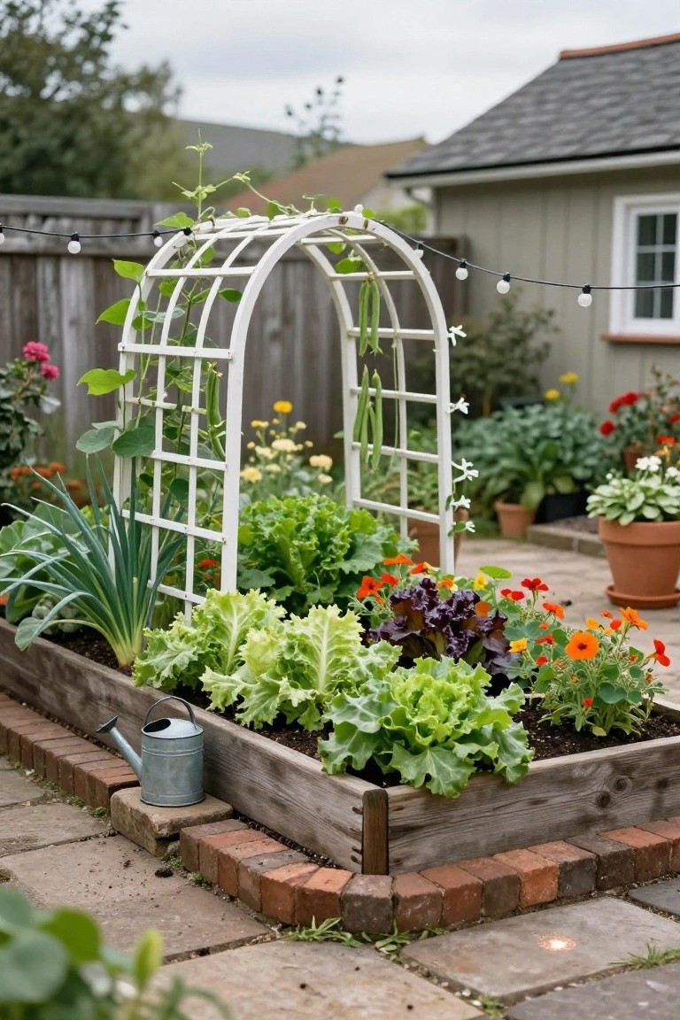 Wooden raised garden bed planted with lettuce, scallions, and greens next to a white arched trellis supporting climbing bean plants, with a metal watering can nearby on brick-edged pavers surrounded by potted flowers, a fence, and a shed.