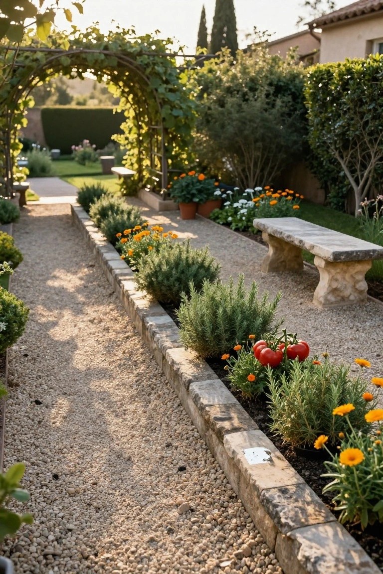 Gravel pathway bordered by low stone walls planted with rosemary, marigolds, and tomato plants, with a stone bench beside the path and a vine-covered arch in the background.