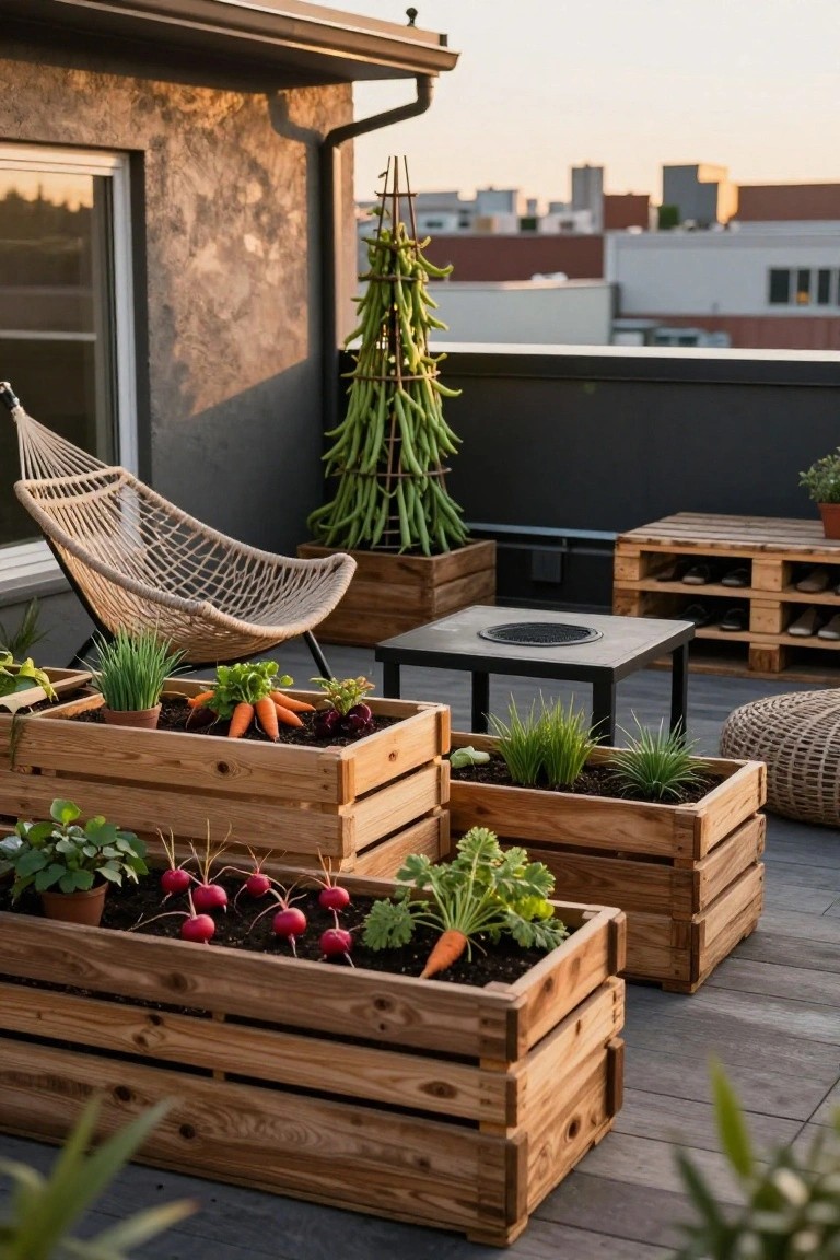 Balcony deck with stacked wooden crate planters growing vegetables such as carrots, beets, beans on a trellis, green onions, and other plants, plus a hammock chair, small round fire pit table, pallet shelves, and poufs against a city skyline at sunset.