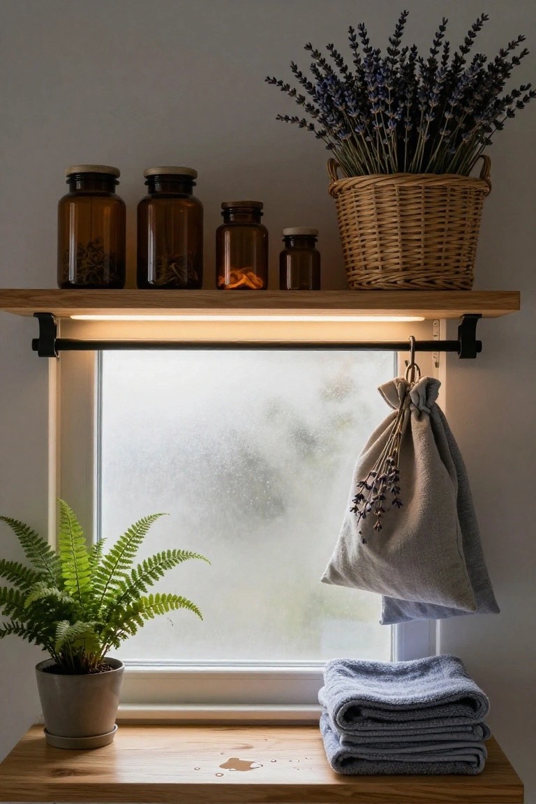 Wooden open shelves in a bathroom display amber glass jars filled with herbs, a basket of lavender stems, hanging lavender-filled fabric bags, stacked blue towels, and a potted fern plant beside a frosted window.